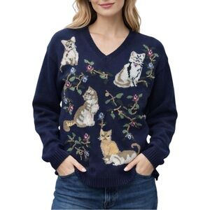 Vintage Northern Reflections Blue Embroidered Cat Cottagecore Pullover Medium